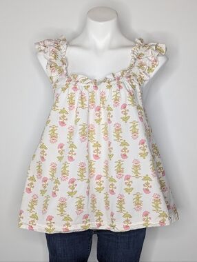 Piyama Nicolette White Green Pink Floral Ruffle Strap Cotton Top M